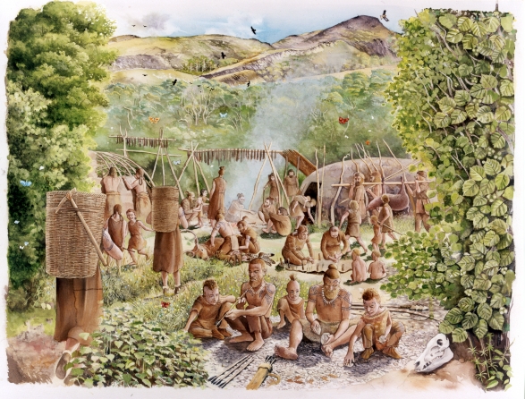 A reconstruction drawing showing mesolithic people making arrows, carrying baskets and building shelters in the mesolithic landscape of Holyrood Park